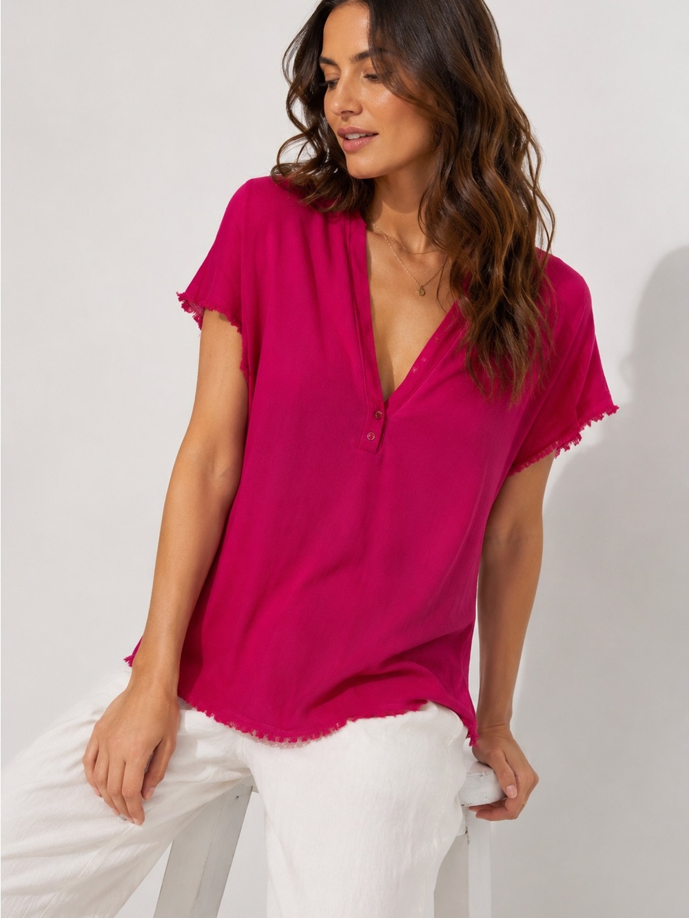 Eileen Fisher 100% Irish Linen Short Sleeve Fringe Trim Tee Small Bright Pink